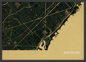 Small Barcelona City Street Map Print - Straw (Wood Frame - Black)