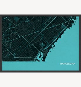 Small Barcelona City Street Map Print - Turquoise (Wood Frame - Black)