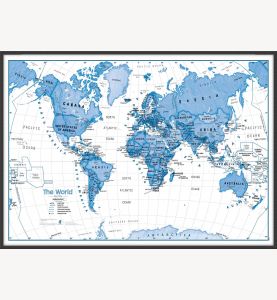 Large Children's Art Map of the World - Blue (Pinboard & wood frame - Black)