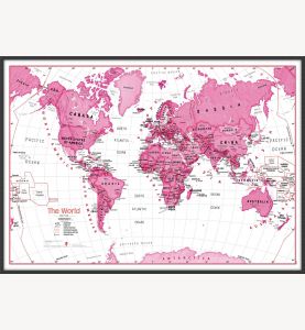 Large Children's Art Map of the World - Pink (Wood Frame - Black)