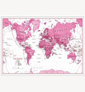 Large Children's Art Map of the World - Pink (Pinboard & wood frame - White)