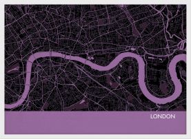 Small London City Street Map Print - Mauve (Wood Frame - White)