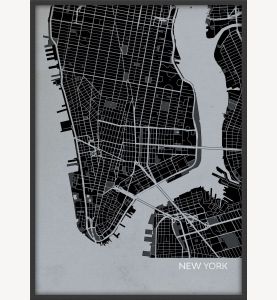 Small New York City Street Map Print - Charcoal (Wood Frame - Black)
