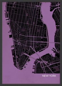 Small New York City Street Map Print - Mauve (Wood Frame - Black)