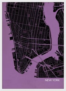 Small New York City Street Map Print - Mauve (Wood Frame - White)