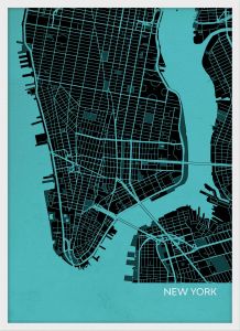 Small New York City Street Map Print - Turquoise (Wood Frame - White)