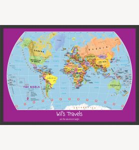 Small Personalized Child's World Map (Pinboard & wood frame - Black)