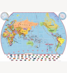 Huge Elementary School Pacific-Centred Political World Wall Map with flags (Laminated)