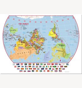 Large Elementary School Upside-Down Political World Wall Map with flags (Pinboard)