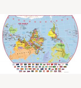 Huge Elementary School Upside-Down Political World Wall Map with flags (Laminated)