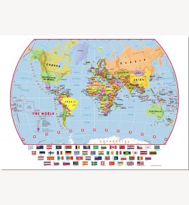 Medium Elementary School Political World Wall Map with flags (Pinboard)