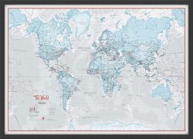 Small The World Is Art Wall Map - Aqua (Wood Frame - Black)