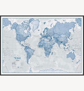 Large The World Is Art Wall Map - Blue (Wood Frame - Black)
