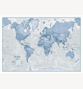 Large The World Is Art Wall Map - Blue (Pinboard & wood frame - White)