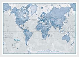 Small The World Is Art Wall Map - Blue (Wood Frame - White)