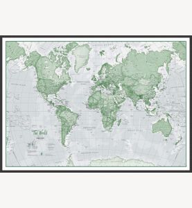 Large The World Is Art Wall Map - Green (Pinboard & wood frame - Black)