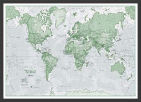 Small The World Is Art Wall Map - Green (Pinboard & wood frame - Black)