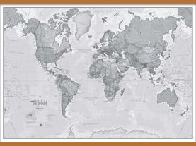 Large The World Is Art Wall Map - Grey (Wooden hanging bars)