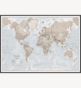 Large The World Is Art Wall Map - Neutral (Wood Frame - Black)