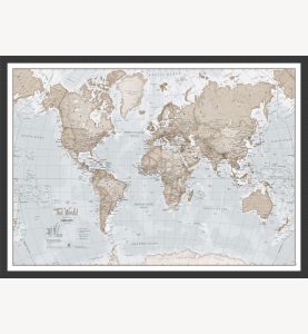 Small The World Is Art Wall Map - Neutral (Pinboard & wood frame - Black)