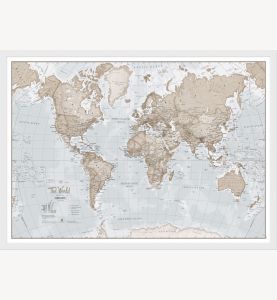 Small The World Is Art Wall Map - Neutral (Pinboard & wood frame - White)