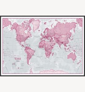 Large The World Is Art Wall Map - Pink (Pinboard & wood frame - Black)