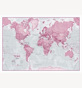 Large The World Is Art Wall Map - Pink (Wood Frame - White)