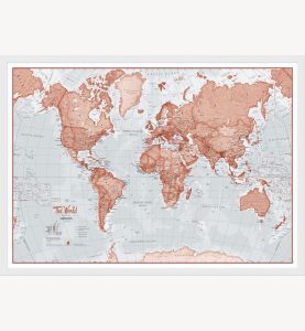 Small The World Is Art Wall Map - Red (Pinboard & wood frame - White)