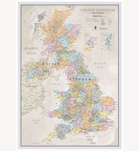 Large UK Classic Wall Map (Wood Frame - White)