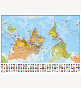 Huge Upside-down Political World Wall Map with flags  (Laminated)