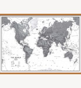 Large Political World Wall Map - Black & White (Wooden hanging bars)