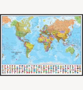 Large Political World Wall Map with flags (Wood Frame - Black)
