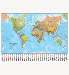 Large Political World Wall Map with flags (Wood Frame - White)