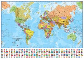 Medium Political World Wall Map with flags (Paper)
